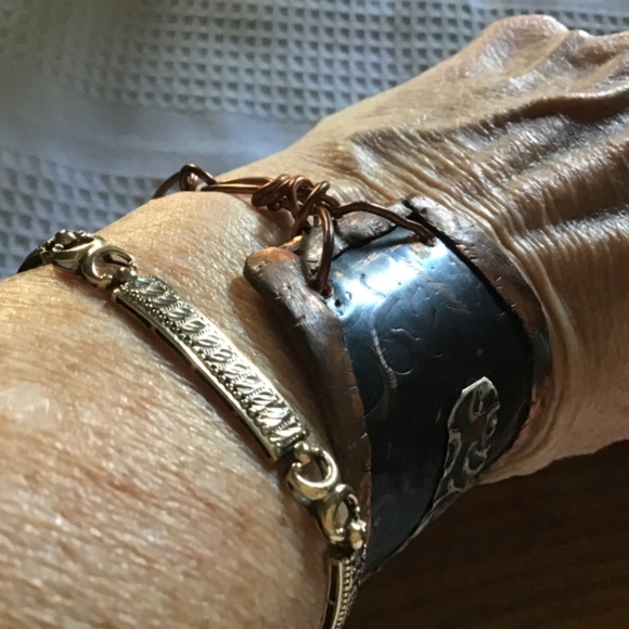 Forged Copper and Sterling Floral Cuff Bracelet - Picture 6 of 11
